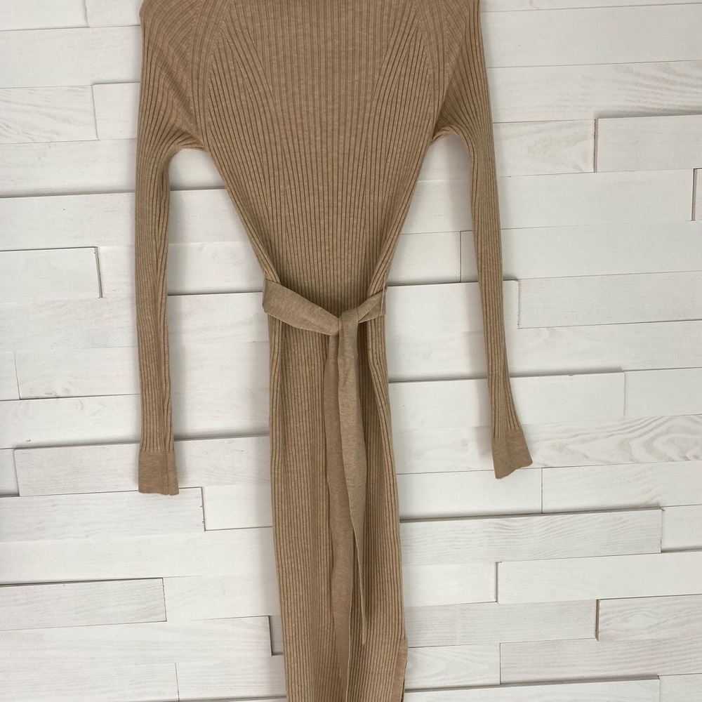 Mango Tan Ribbed Tie Front Long Sleeve Dress